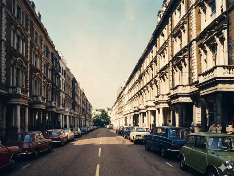 A terrace of London townhouses photographed in the 1970s, cars parked along the kerb.