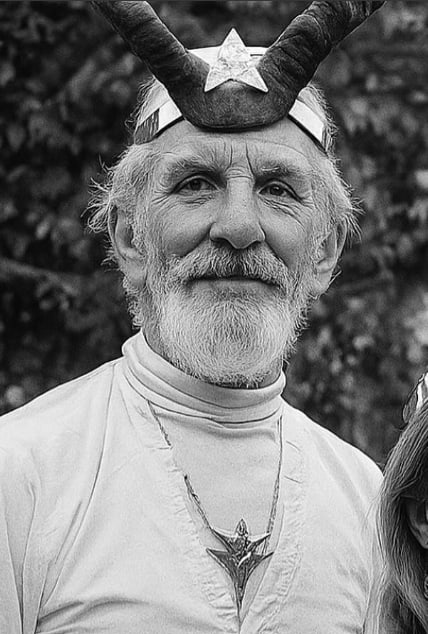 Stewart Farrar, who coined the name Alexandrian in 1971, in ritual dress with the horned crown.