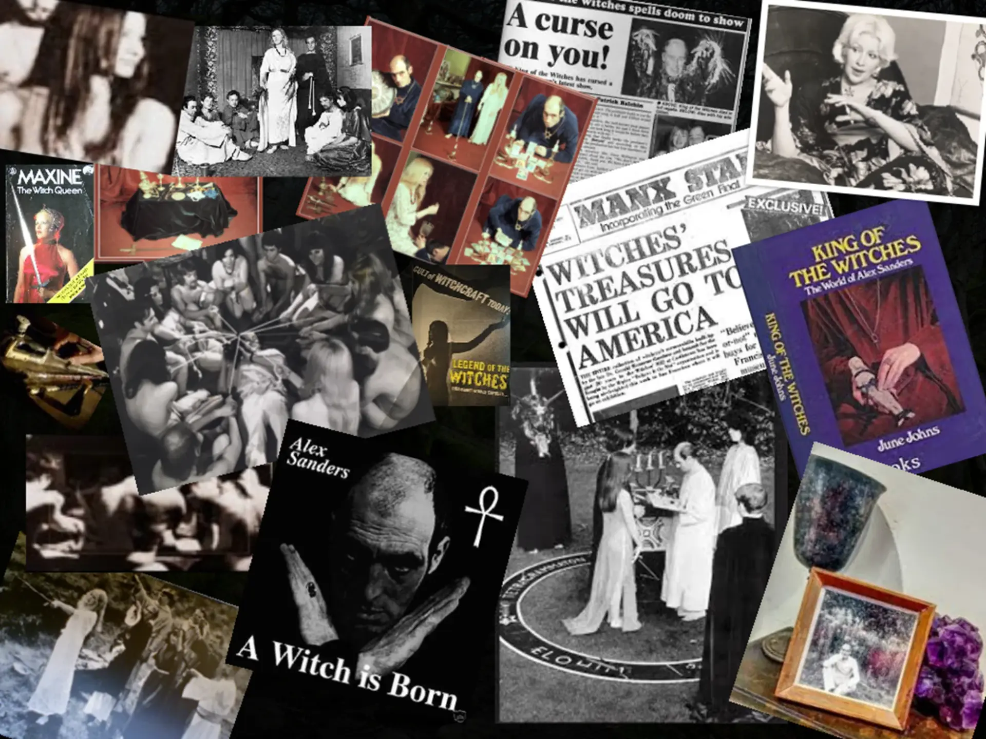 An archive collage of photographs, press clippings and publications documenting Alexandrian Witchcraft.