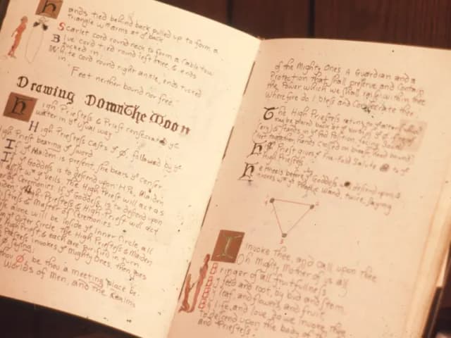 A Book of Shadows open at a hand-copied page, headed “Drawing Down the Moon”.